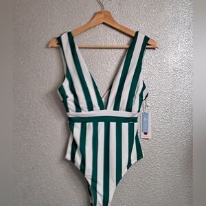 Cupshe NWT Bold Green & White Stripe Swimsuit  Size M